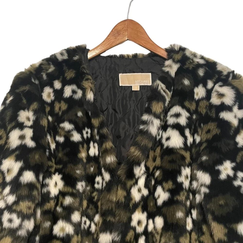 Michael Kors Floral Camo Faux‎ Fur Jacquard Collarless Jacket Coat Size XS